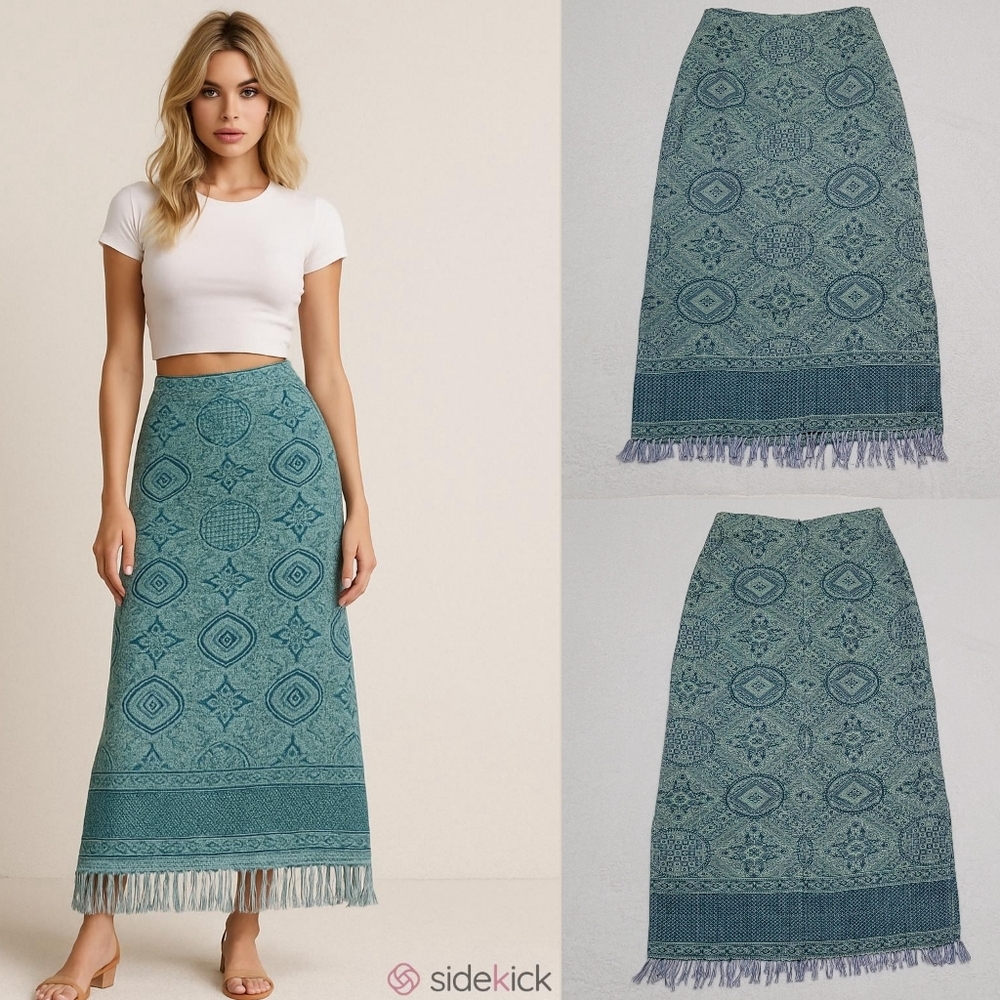 Boho 90s Vintage White Stag Teal Medallion Print Beaded Fringe Maxi Skirt M
